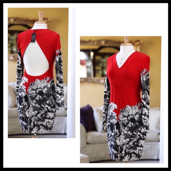 V-NECK LONG SLEEVES RED BLACK WHITE DRESS A3C - Picture 7 of 7